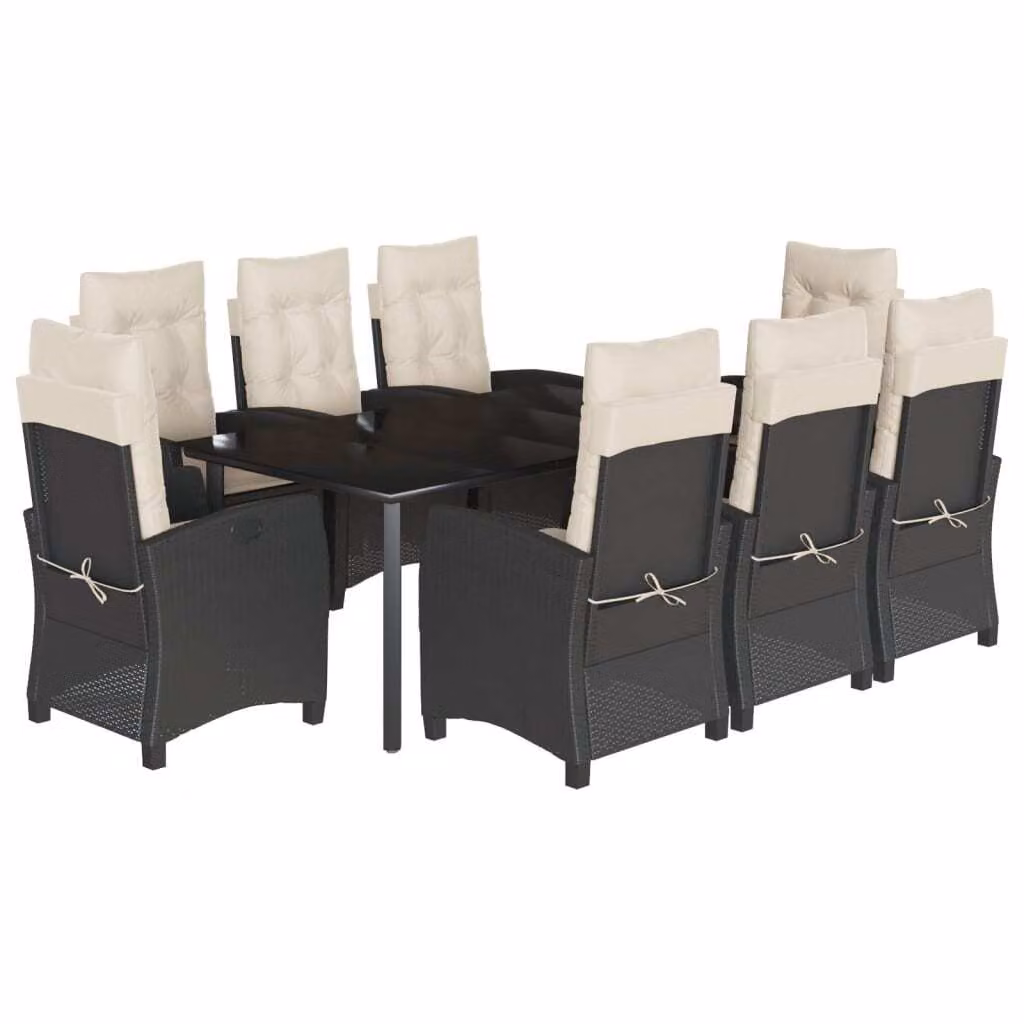 Set da Pranzo da Giardino 9 pz con Cuscini Nero in Polyrattan