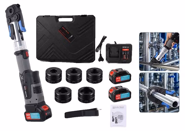 Strumento di pressatura per tubi elettrico, sistema a 18V, potenza di uscita 60KN, batterie duali da 5000mAh, caricabatterie rapido incluso, 5 punzoni di pressatura