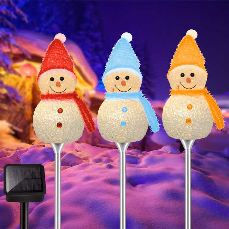 Set di 3 luci LED a forma di pupazzo di neve solari, ideali per il giardino e per le decorazioni natalizie