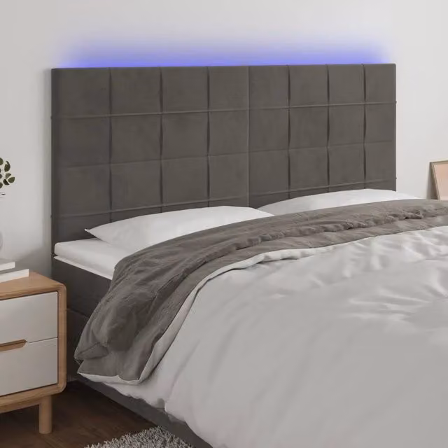 Testiera con LED Design Mania in Velluto Grigio con Porta USB, L: 200 cm, P: 5 cm, H: 118/128 cm