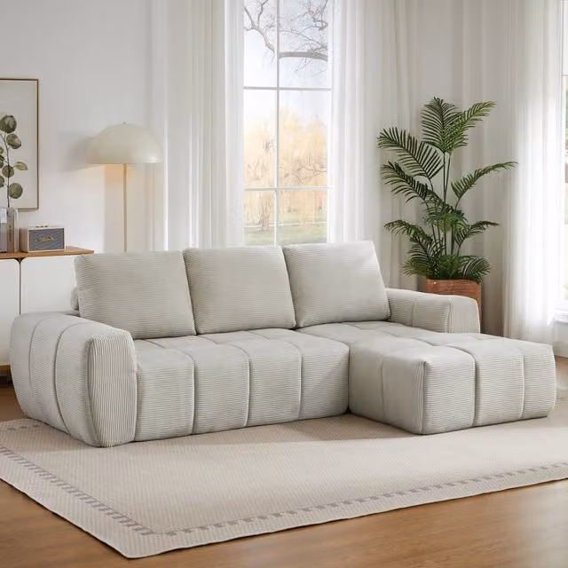 Desviae Divano angolare in velluto a coste beige con design segmentato e supporto in schiuma e molle insacchettate