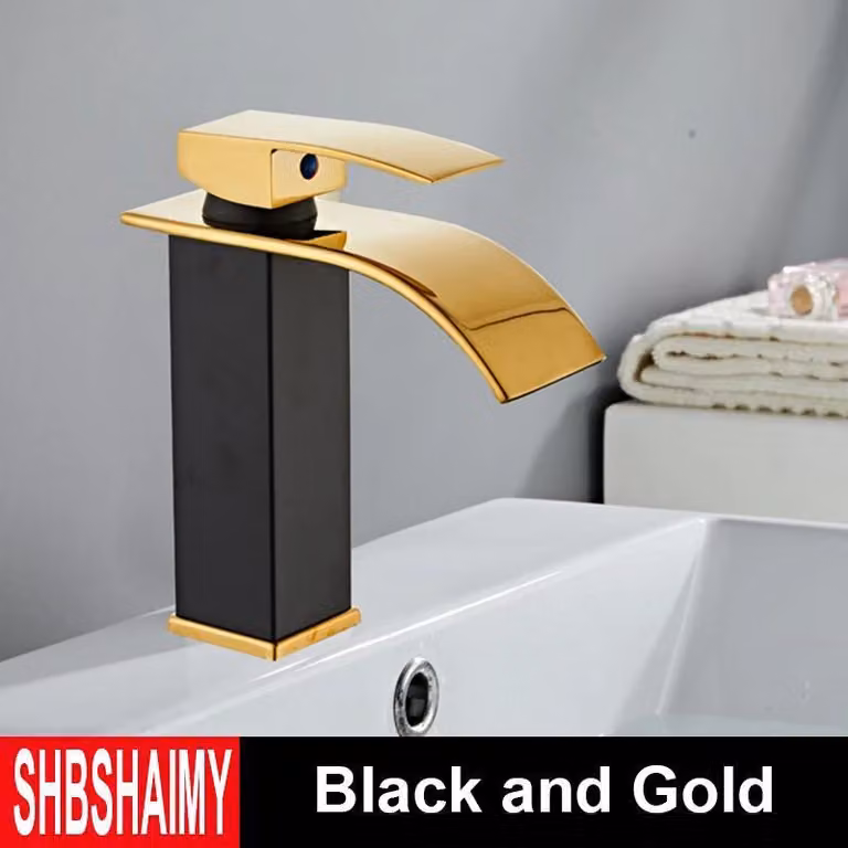 Rubinetto per lavabo - Miscelatore monoforo - Miscelatore caldo/freddo - Cartuccia in Vetroceramica - Montaggio a vista - Monocomando - Bocca a cascata - Nero/oro