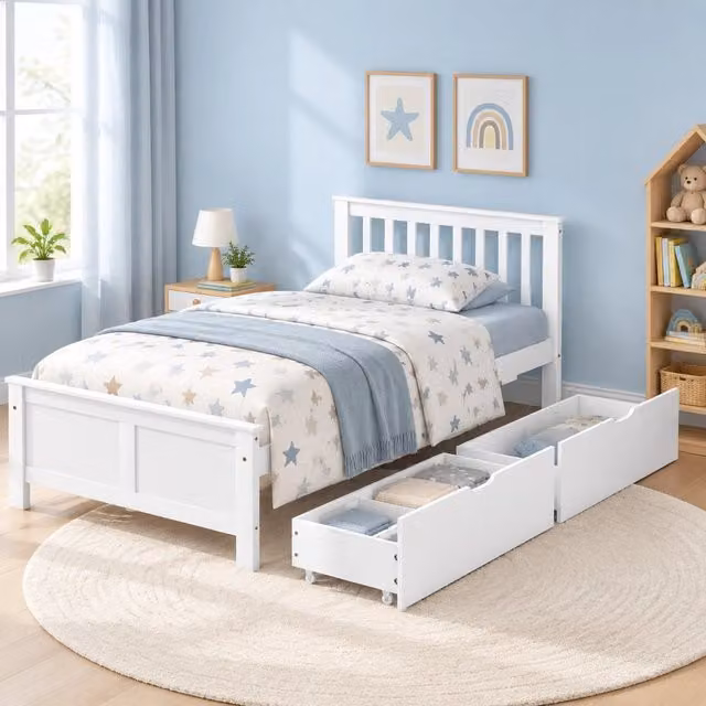 Letto singolo bianco in legno massello con 2 cassetti; 90 x 200 cm