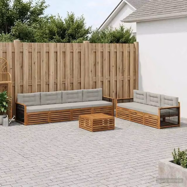Set di mobili da esterno vidaXL composto da 8 pezzi con divano a L, tavolino da caffè e cuscini in tessuto, struttura in legno di acacia e colori beige e grigio – 1