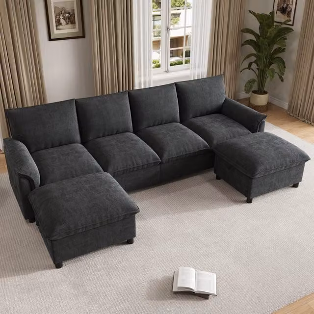 Divano 264.5x142.5x84.0 cm con 2 pouf mobili in ciniglia; nero