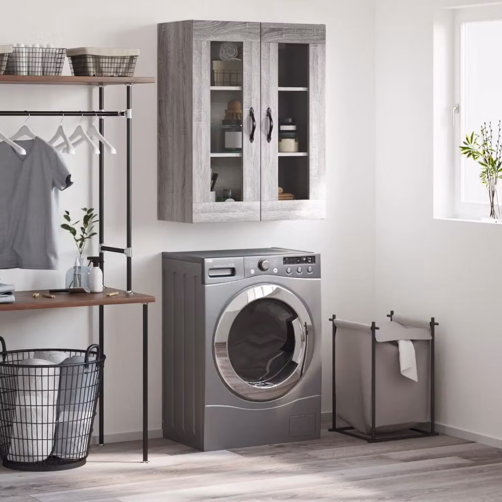 Mobile a parete vidaXL in legno multistrato Grigio Sonoma, design moderno con ante a vetro e ripiani interni, L 69,5 cm x P 34 cm x H 90 cm
