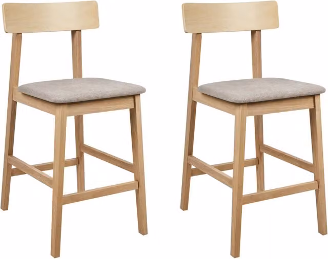 Set di 2 sedie da bar BELIANI in stile classico, colore marrone e beige, con seduta in legno di gomma e tessuto, ideali per cucina, sala da pranzo e soggiorno