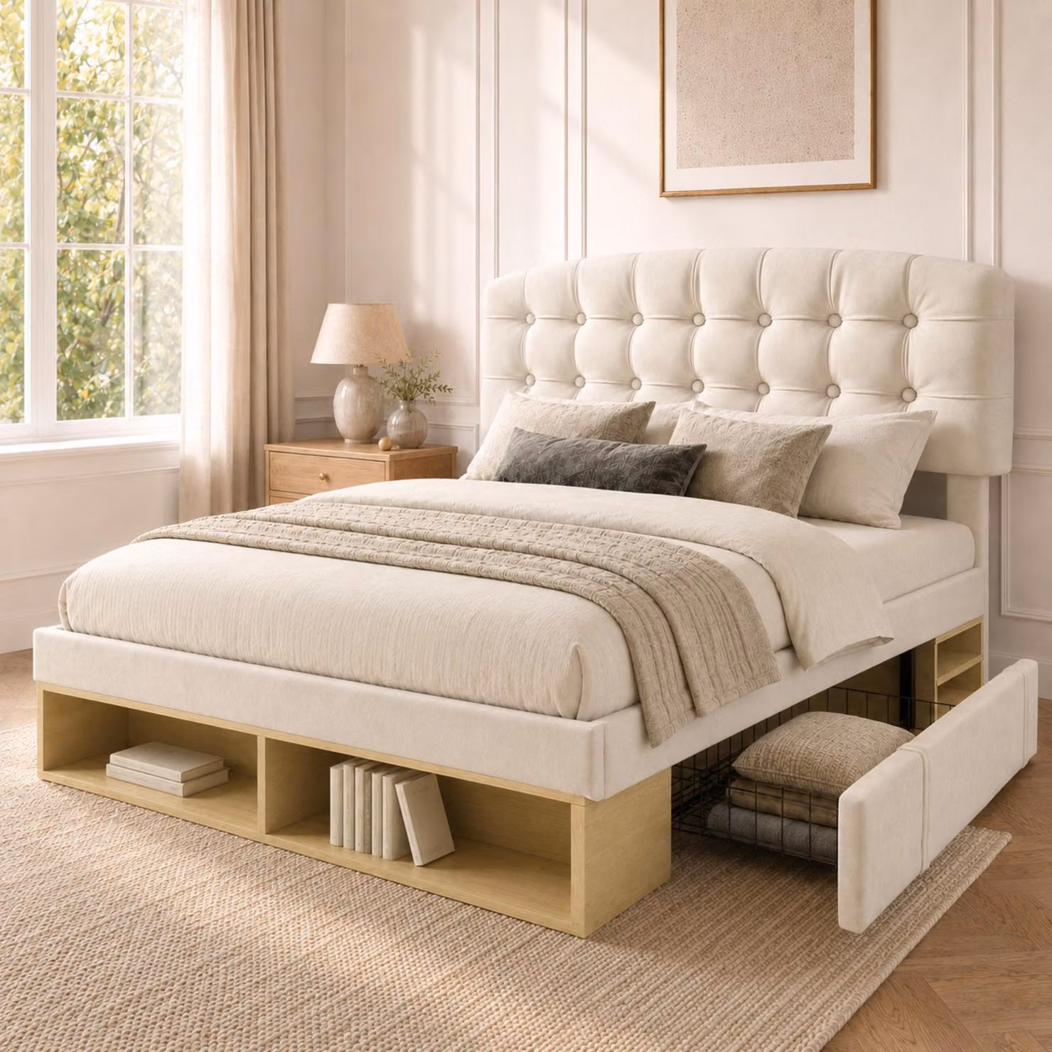 Letto imbottito 140x190 cm, rivestito in velluto beige, con testiera regolabile, rete a doghe, cassetti e spazio contenitivo, struttura del letto imbottita per la camera da letto