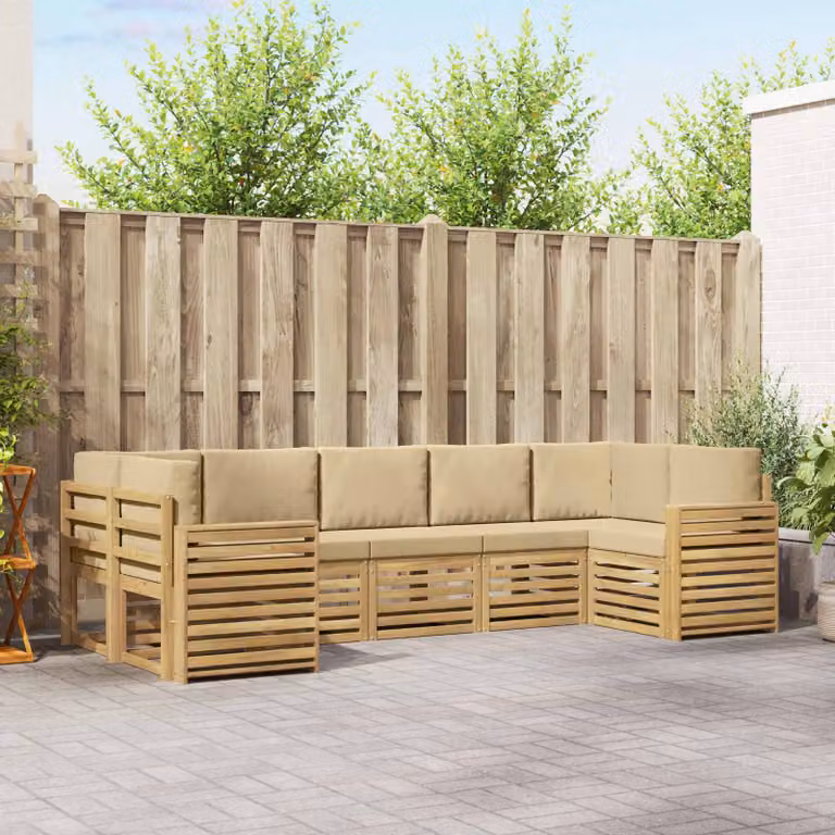 vidaXL Set di divani da esterno a L composto da 7 pezzi in legno di acacia con cuscini bianchi e beige
