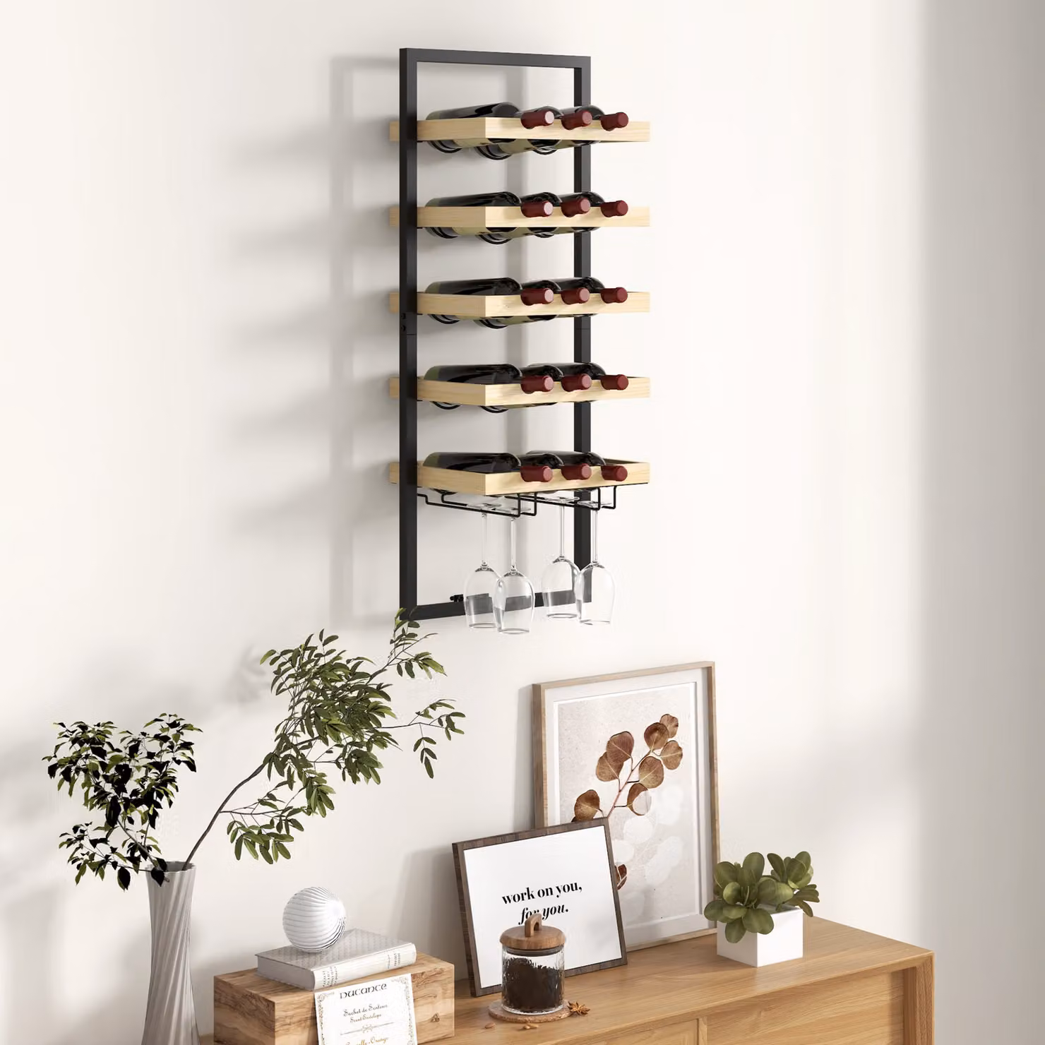 Portabottiglie da parete HOMCOM in legno e acciaio, colore marrone, per 15 bottiglie di vino e 4 calici, L 35 x P 25 x H 86 cm – 2
