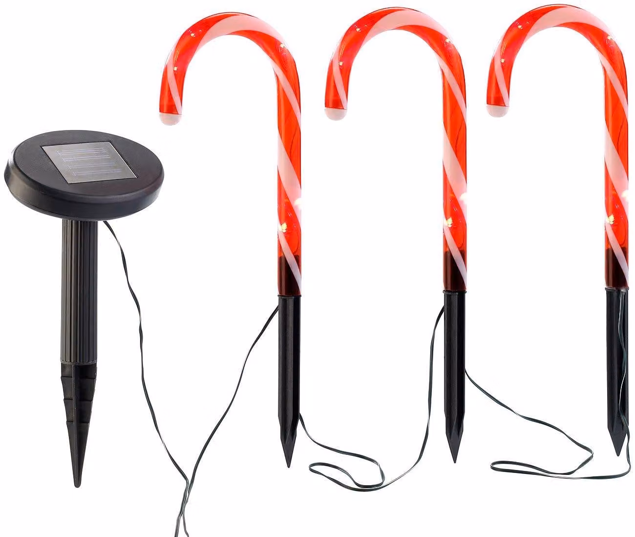Set di 3 lampade LED solari a forma di bastoncino di zucchero, grado di protezione IP33, con picchetti per il terreno
