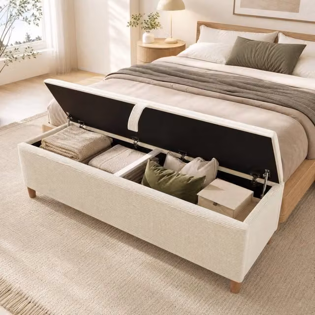 Letto matrimoniale MODFU con contenitore, panca e testiera con illuminazione LED in velluto a coste beige e legno rovere chiaro L/P: 160 x 200 cm