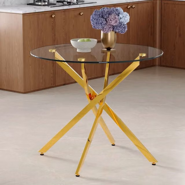 Tavolo da pranzo rotondo OKWISH in vetro trasparente e metallo dorato, design moderno per cucina o sala da pranzo, L/P/H: 88 x 88 x 75 cm