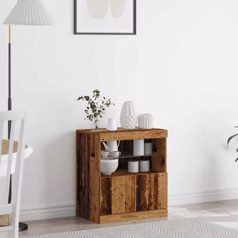 Madia moderna vidaXL con illuminazione LED in legno e vetro, colore marrone, L: 60,5 cm, P: 37 cm, H: 67 cm