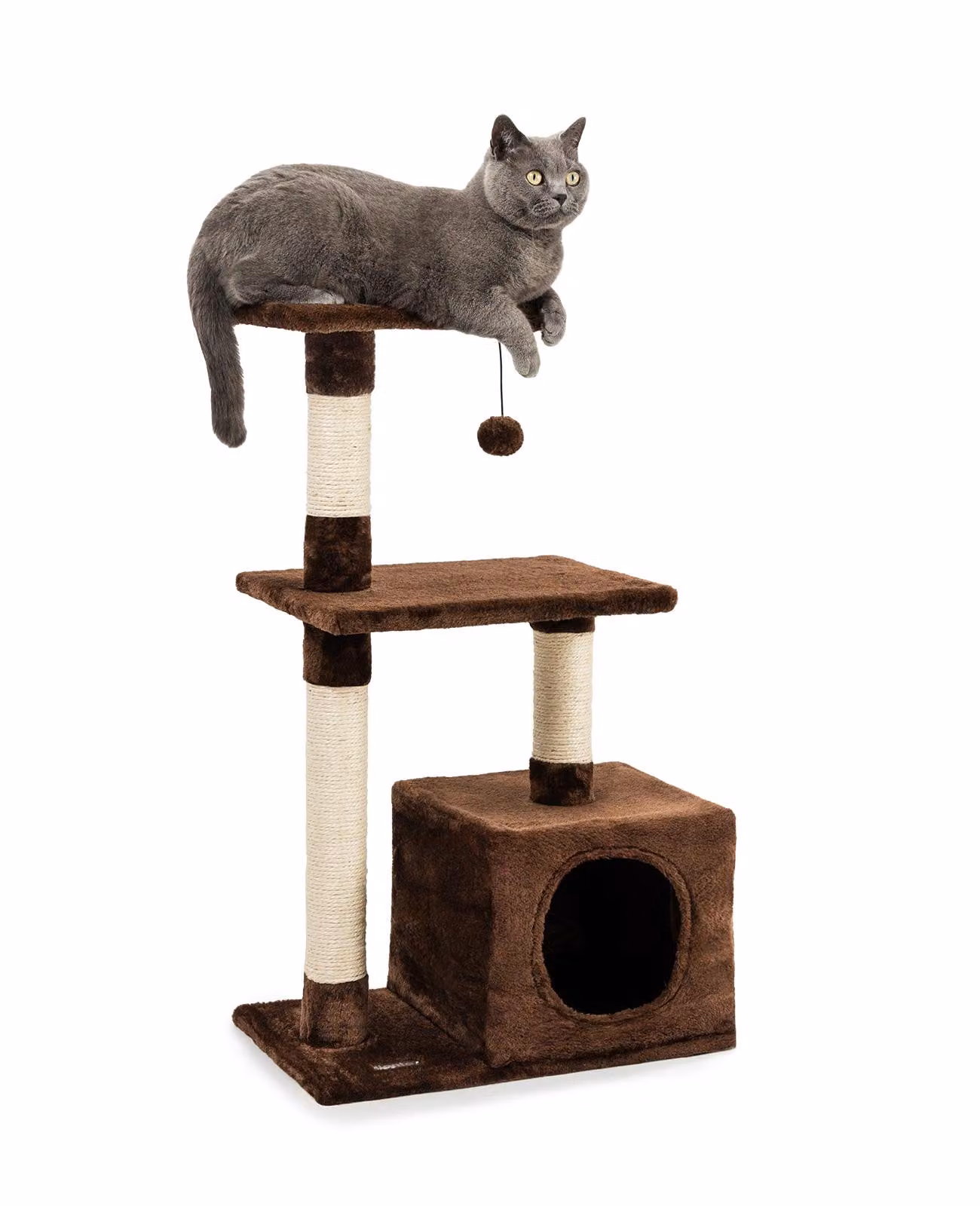 tiragraffi per gatti lionto, albero tiragraffi e giochi compatto da 85 cm con grotta, 2 piattaforme, palla di peluche e bastoncini di sisal, con supporto a parete, marrone