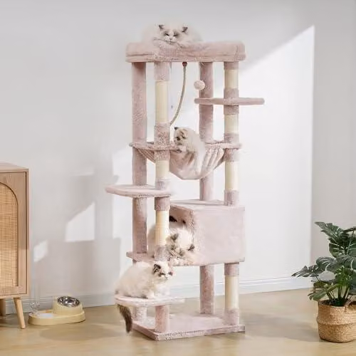 Albero per gatti di grandi dimensioni, con cuccia e ampie piattaforme, dimensioni 50x50x153 cm, ideale per il gioco e il relax