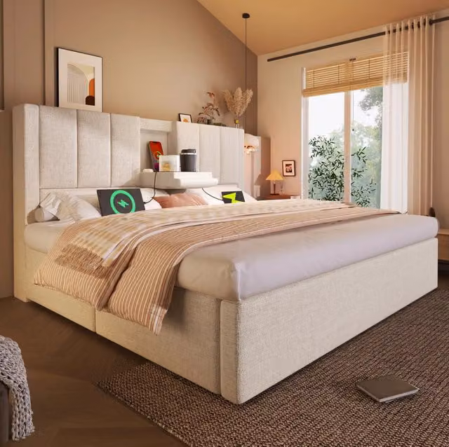 Letto imbottito 140x200 cm con porta bicchieri e presa di ricarica; lino beige (Senza materasso)