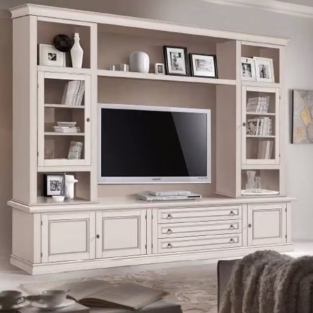 Parete attrezzata shabby chic in legno di pino bianco Mobili 2G L: 243 cm, P: 50 cm, H: 227 cm