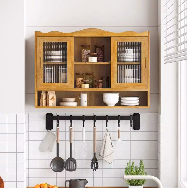 Armadio scorrevole a 2 ante 90 cm in legno naturale con 3 ripiani per bagno, cucina e sala da pranzo