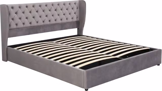 Letto imbottito grigio in velluto 160x200 cm con contenitore idraulico e rete a doghe, stile Chesterfield