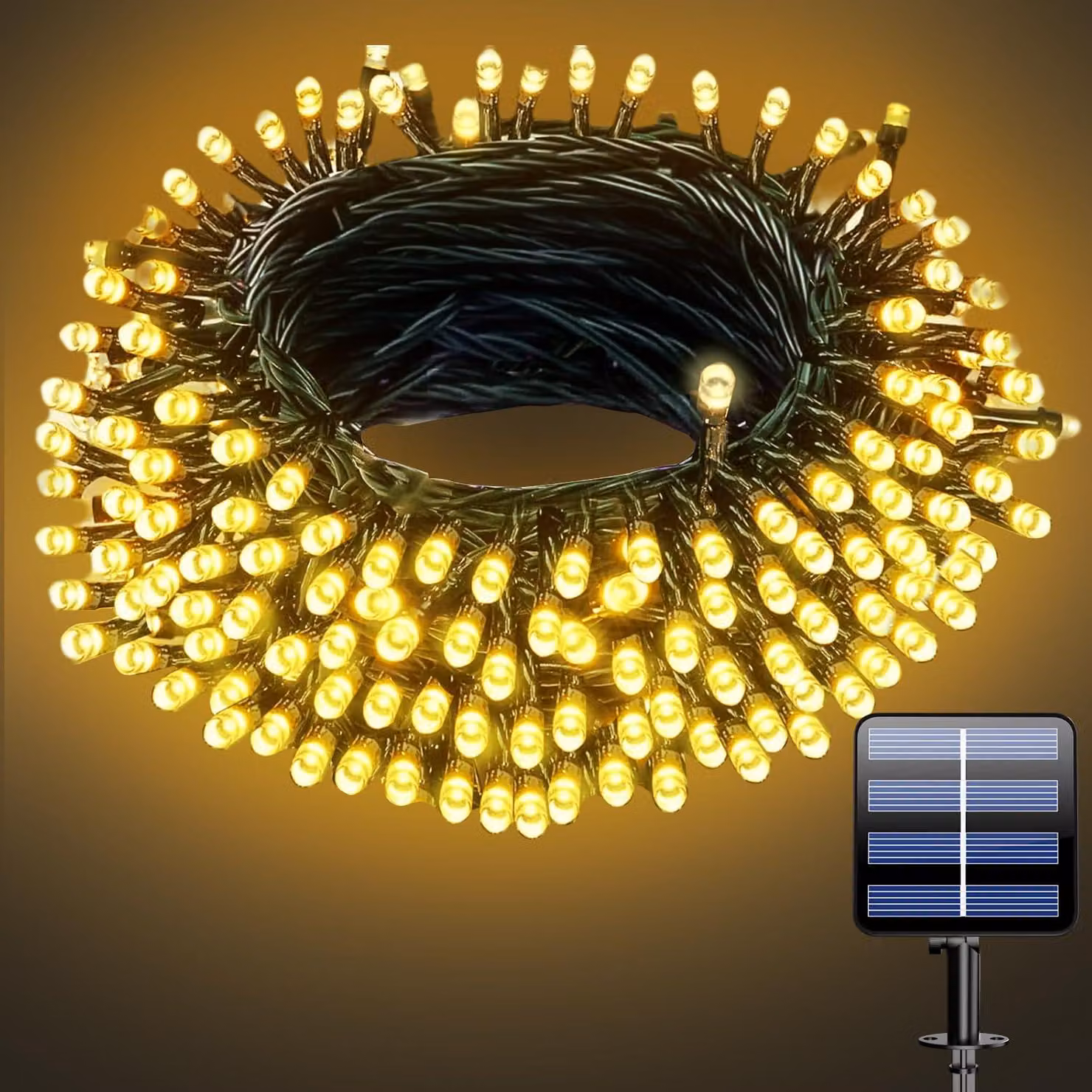 Catena luminosa solare, 10 metri, 100 LED, luce giallo caldo, grado di protezione IP65