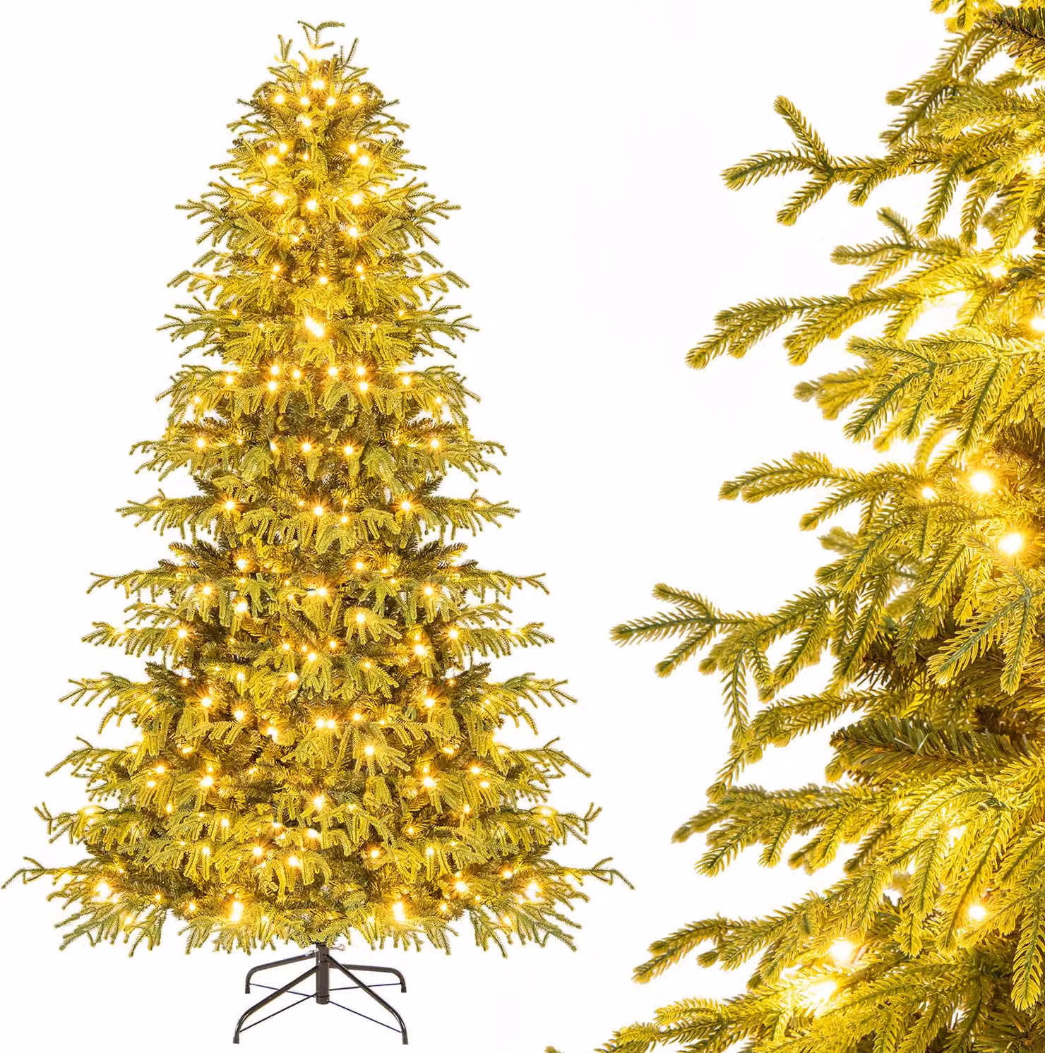 COSTWAY 210cm albero di Natale artificiale con 1090 punte di rami&370 luci LED bianco caldo, albero di Natale artificiale albero di Natale illuminazione verde