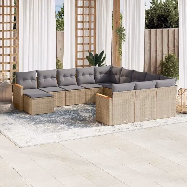 vidaXL Set Divano da Giardino a Forma di U in Polyrattan con Cuscini Beige e Grigio, 12 Pezzi