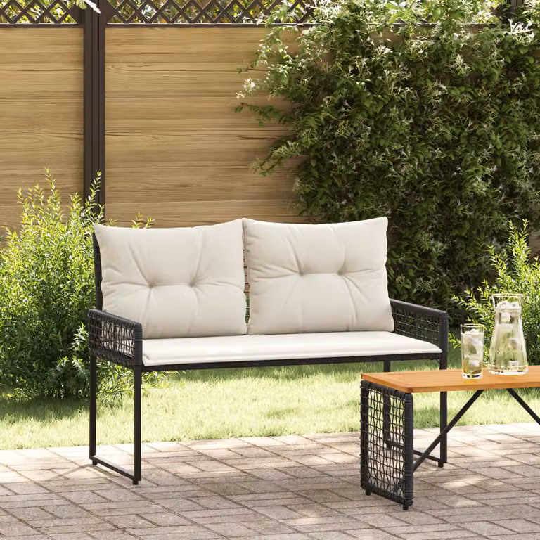 Panchina da esterno vidaXL in rattan e metallo con braccioli, Nero e Bianco, L 118 x P 55 x H 82 cm