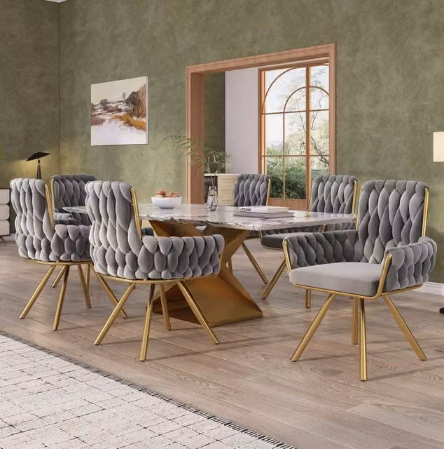 Set di 6 sedie da pranzo grigie in velluto, girevoli a 360 gradi