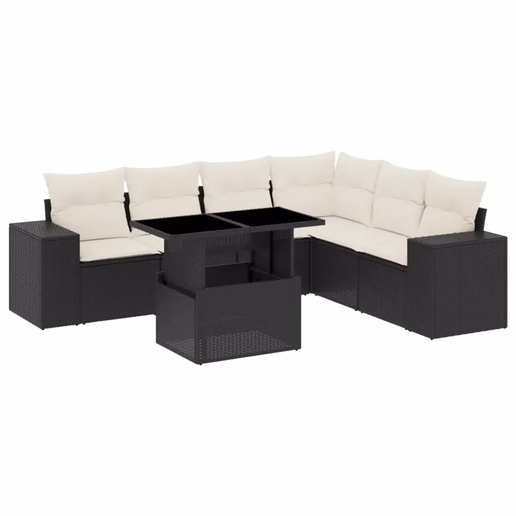 Set di divani da giardino vidaXL a forma di L con cuscini e tavolino, 7 pezzi, Polyrattan e metallo, Nero e Bianco – 2