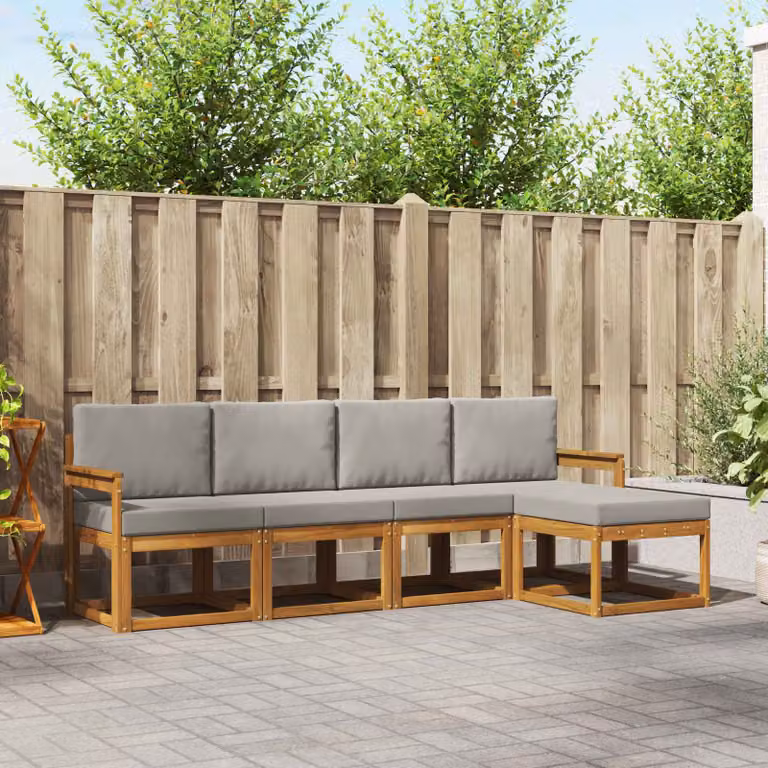 vidaXL Set di divani da esterno a L in legno di acacia con cuscini, 5 pezzi, Grigio