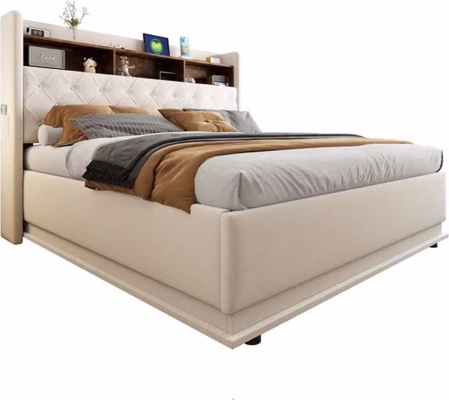 Letto contenitore matrimoniale 180x200 cm con LED RGB; USB; USB-C e testiera portaoggetti; beige