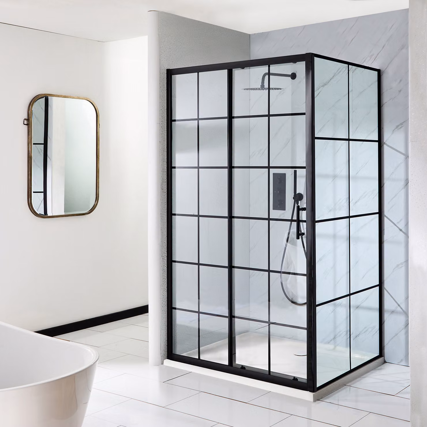 Box Doccia Angolare con Porta Scorrevole Tripla a Griglia Nera e Piatto Doccia Bianco - 900mm x 800mm - Barq