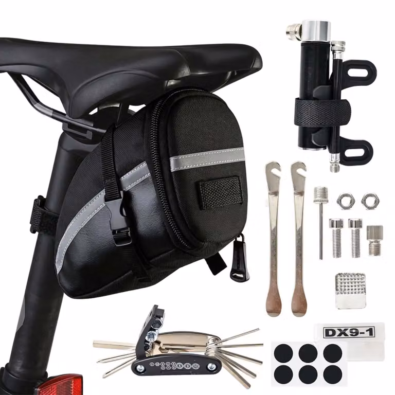 Kit di riparazione per bicicletta con borsa da sella, compatto e leggero, ideale per mountain bike, set di attrezzi da viaggio