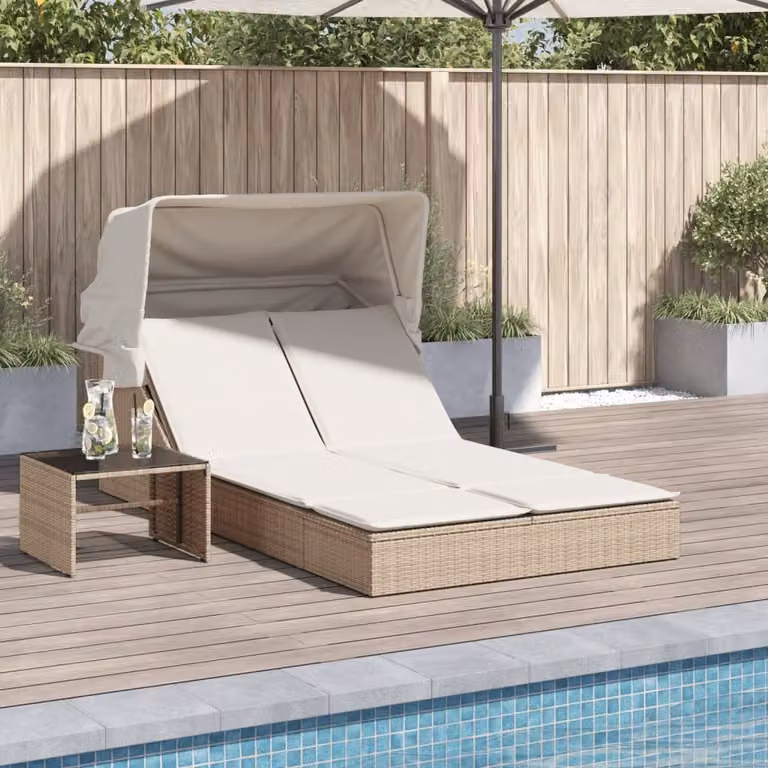 vidaXL Lettino Doppio con Baldacchino e Cuscini in Polyrattan Beige e Bianco