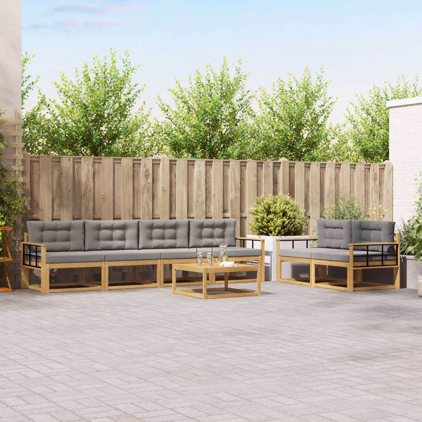 vidaXL Set di divani da esterno a L composto da 6 pezzi in legno di acacia con cuscini Bianco e Grigio