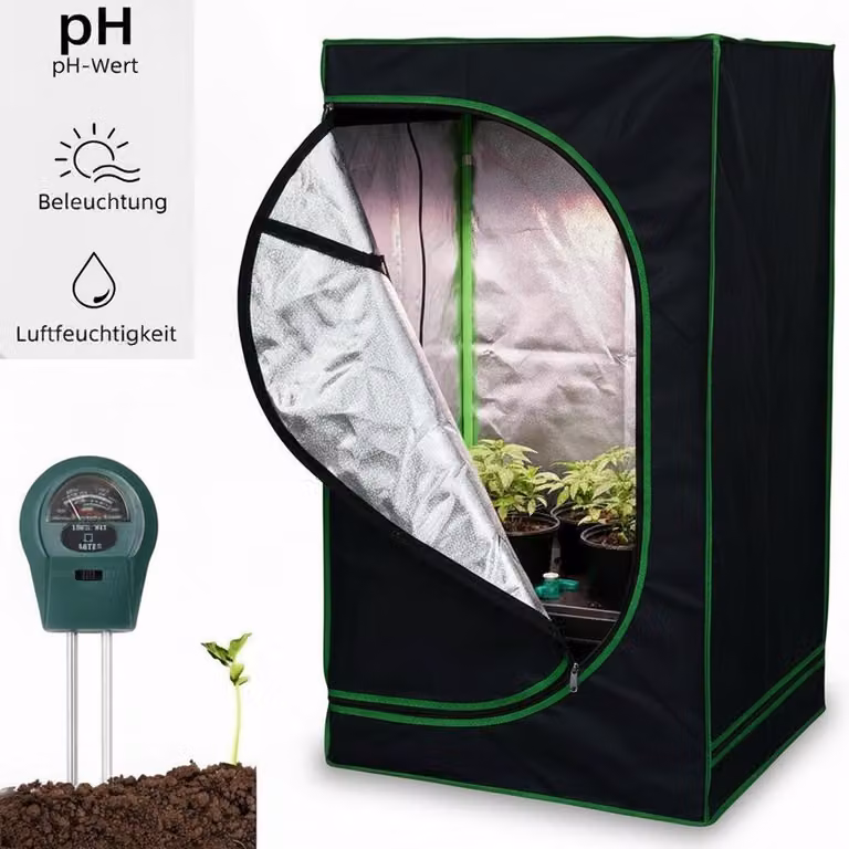 Serra Mucola incl. misuratore di umidità 3 in 1 per piante Tenda per piante da interno Growbox Tenda per piante da interno Camera oscura Telaio freddo Nero Verde - 40x40x160cm