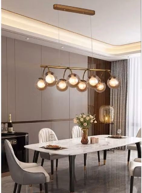 Lampadario a sospensione Trade Shop con 8 sfere in vetro ambra e struttura in metallo bronzo o oro, attacco G9, modello A04-8 – 1