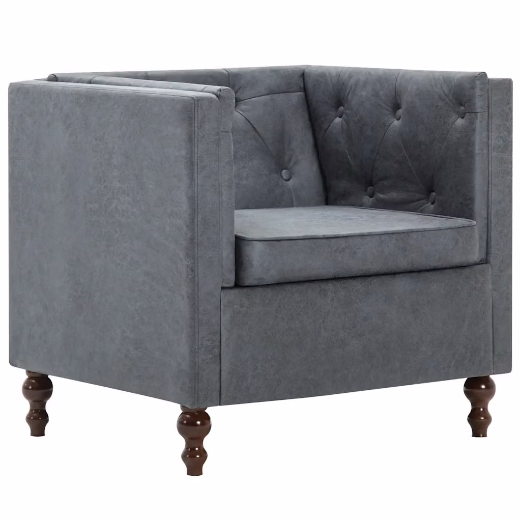 Poltrona a Sedia Chesterfield Grigia in Tessuto con Struttura in Legno Massello e Braccioli – 2