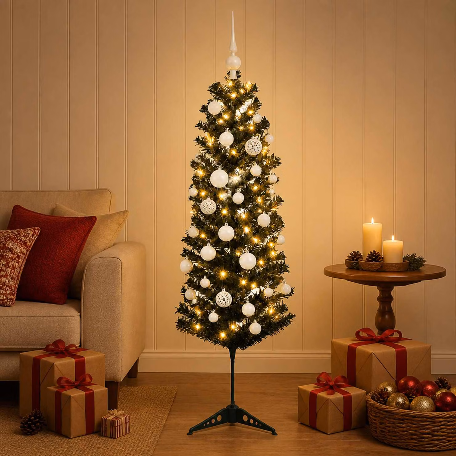 vidaXL Albero di Natale Artificiale Slim con Palline 150 cm 150 LED