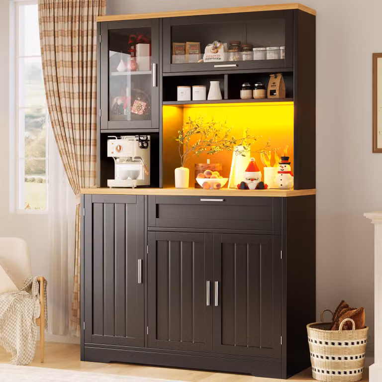 Mobile alto Flieks con illuminazione a LED, 104x40x180 cm, per cucina e soggiorno, mobile alto, nero