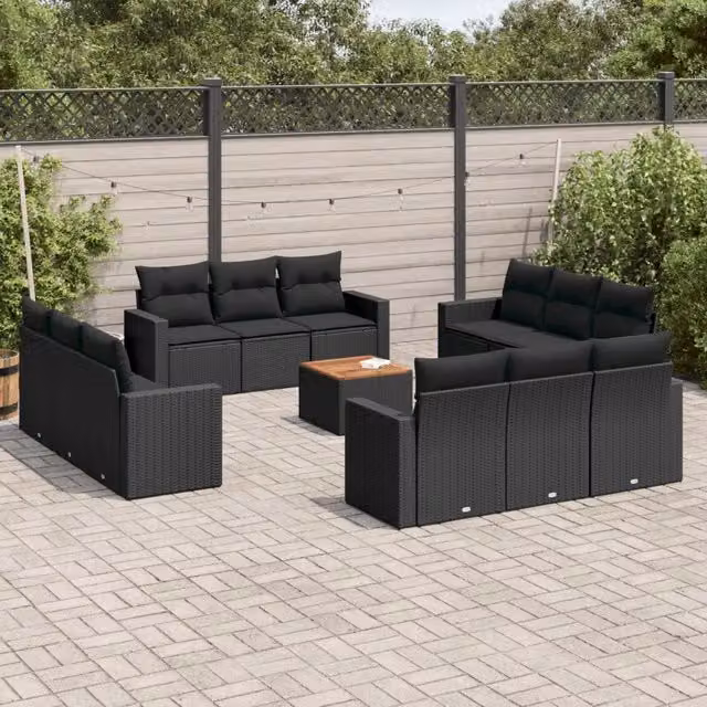 Set di Divani da Giardino VIDAXL a Forma di U in Polyrattan Nero con 13 Pezzi e Cuscini – 1