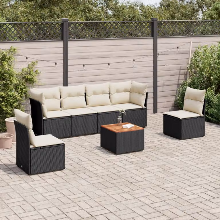 Set di divani da giardino vidaXL a forma di L con cuscini e tavolino da esterno in polyrattan nero
