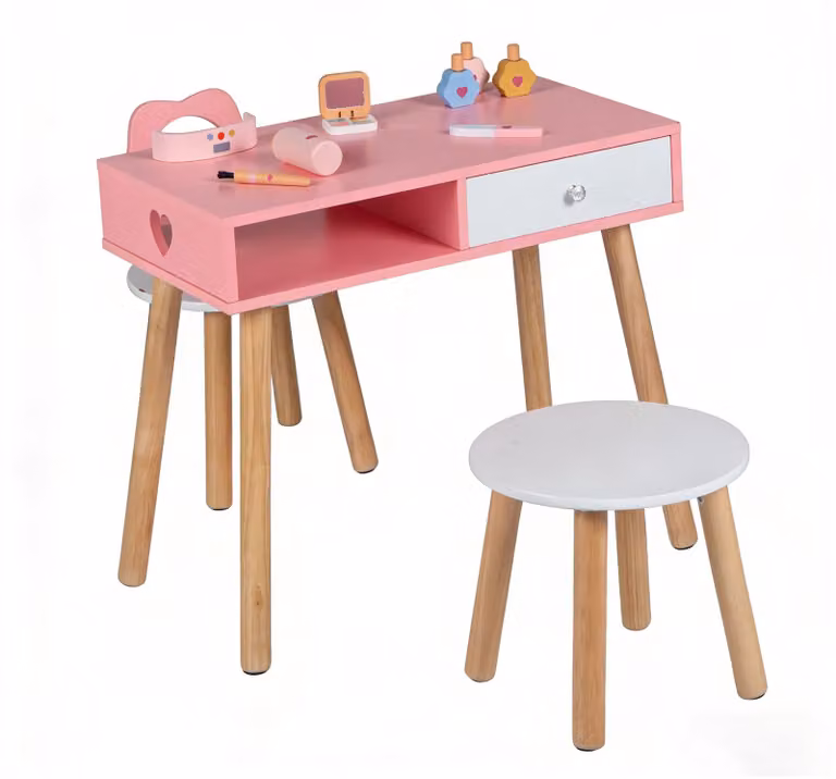 COSTWAY: tavolino da trucco per bambini con sedia, sgabello, ombretti, pennelli da trucco, asciugatore per unghie e 3 smalti, tavolino da manicure in legno, per bambini dai 3 ai 7 anni, rosa