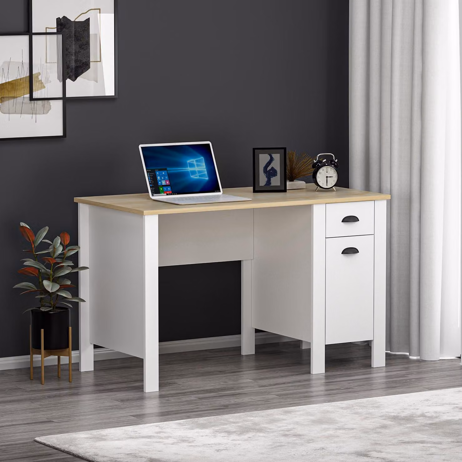 HOMIDEA TEDDY Scrivania - Scrivania per computer - Postazione di lavoro con cassetto e spazio di archiviazione con anta dal design moderno per l'ufficio domestico o la camera dei bambini (bianco/rovere)