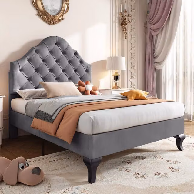Letto singolo OKWISH in velluto grigio con testiera imbottita, L/P/H: 90 x 200 cm