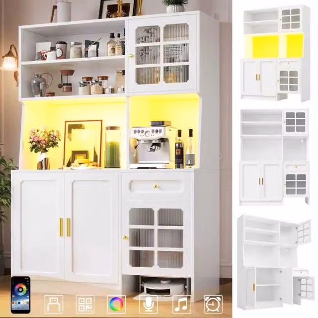 Credenza da cucina alta 130x45x180 cm, bianca, con ante in vetro e illuminazione LED