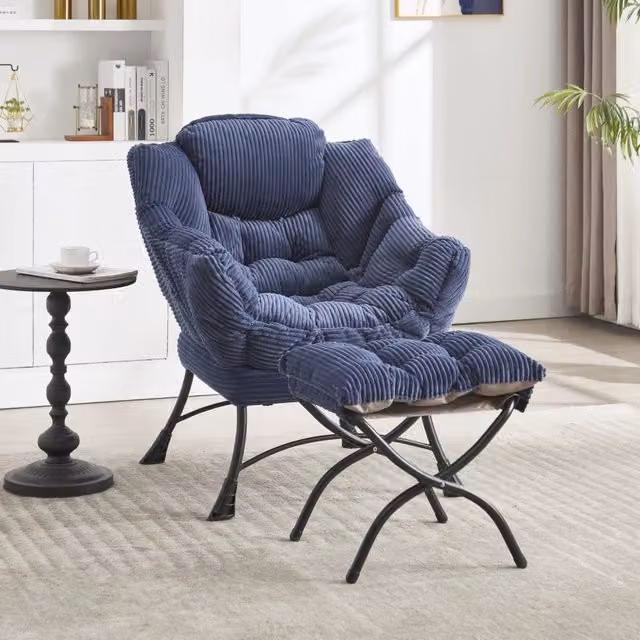 Poltrona relax con poggiapiedi WISHDOR in velluto a coste blu, sedia lounge ergonomica con struttura in metallo e braccioli