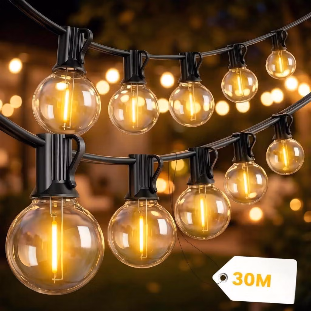 Catena luminosa Yuucio da 30 metri per uso esterno, modello G40, grado di protezione IP44, con 50+2 lampadine resistenti alla rottura, temperatura di colore 2700K – dimensioni G40-2P