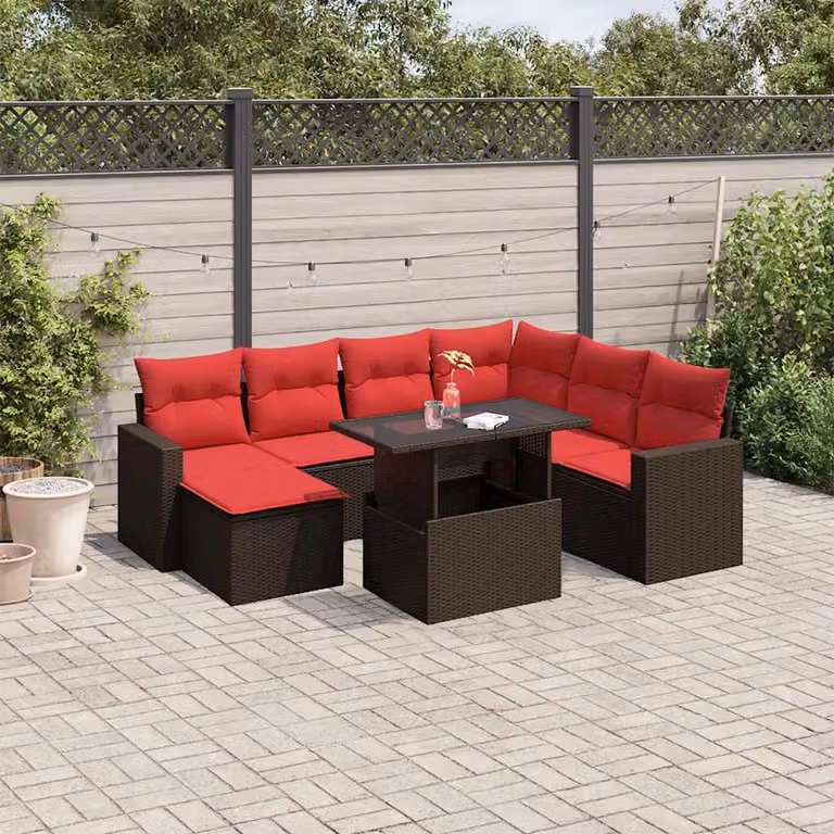 Set di divani da giardino vidaXL 8 pezzi in polyrattan marrone con cuscini e tavolino da esterno a forma di U
